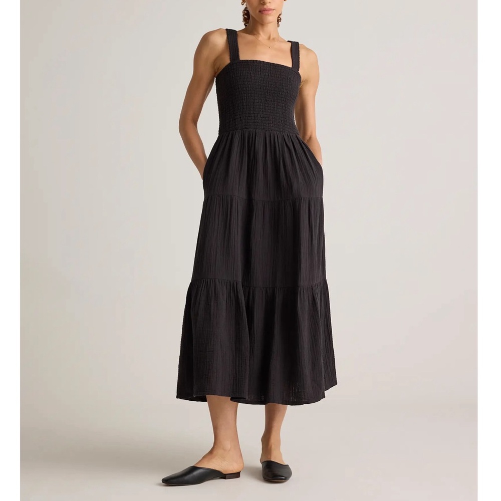 Quince Black Smocked Square-Neck Midi Dress